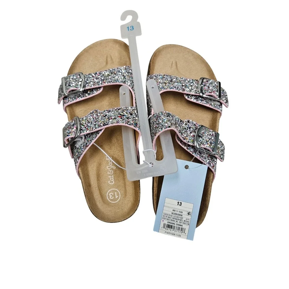 Cat & Jack Sandals Girls 13‎ Silver Multi Glitter Double Buckle Strap Slides
